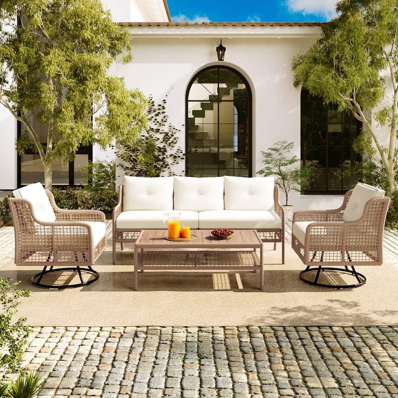 4 Pieces Patio Furniture Set with Swivel Chairs, Outdoor Wicker Sofas for 5-person, Sectional Rattan Outdoor Conversation Set