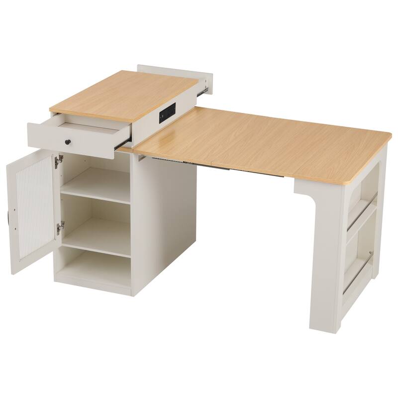 Kitchen Island with Extendable Dining Table, Kitchen Storage Table with 2 Drawers, Power Outlet, Open Shelves, for Diningroom