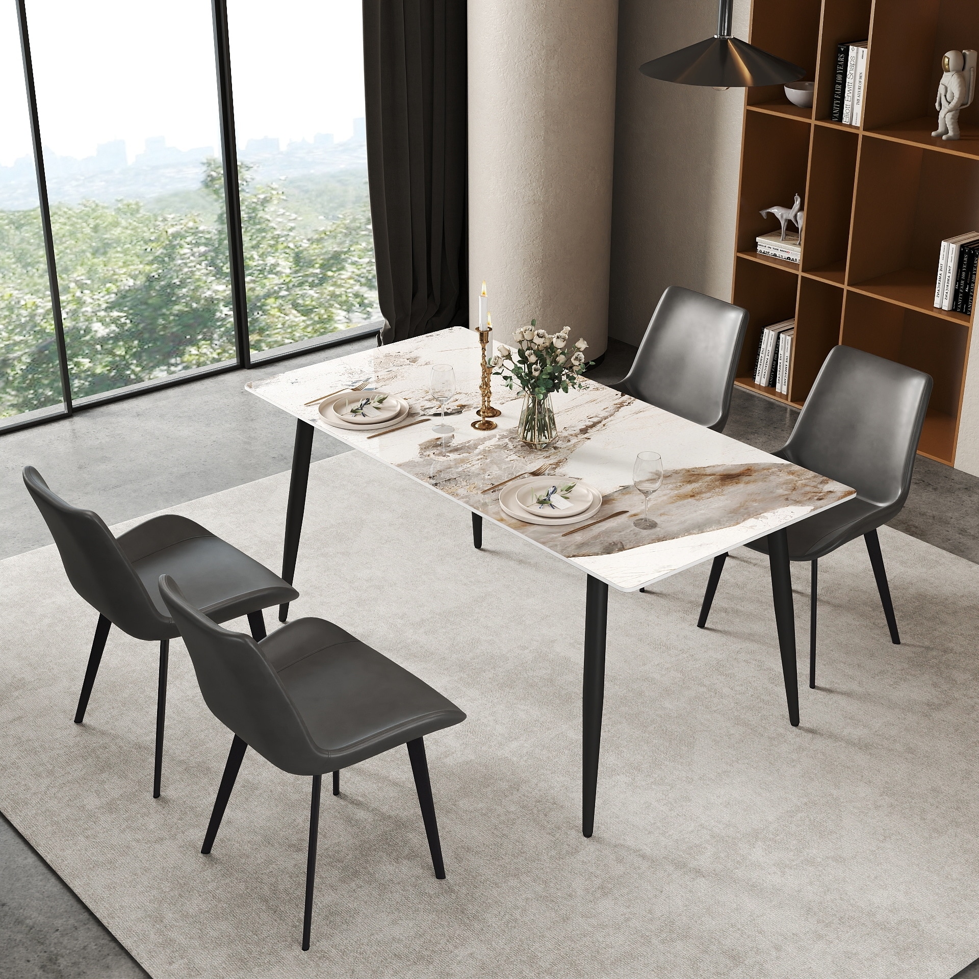 63in Dining Table for 4 Kitchen & Dining Room Table, Modern Sintered Stone Table with Metal Legs