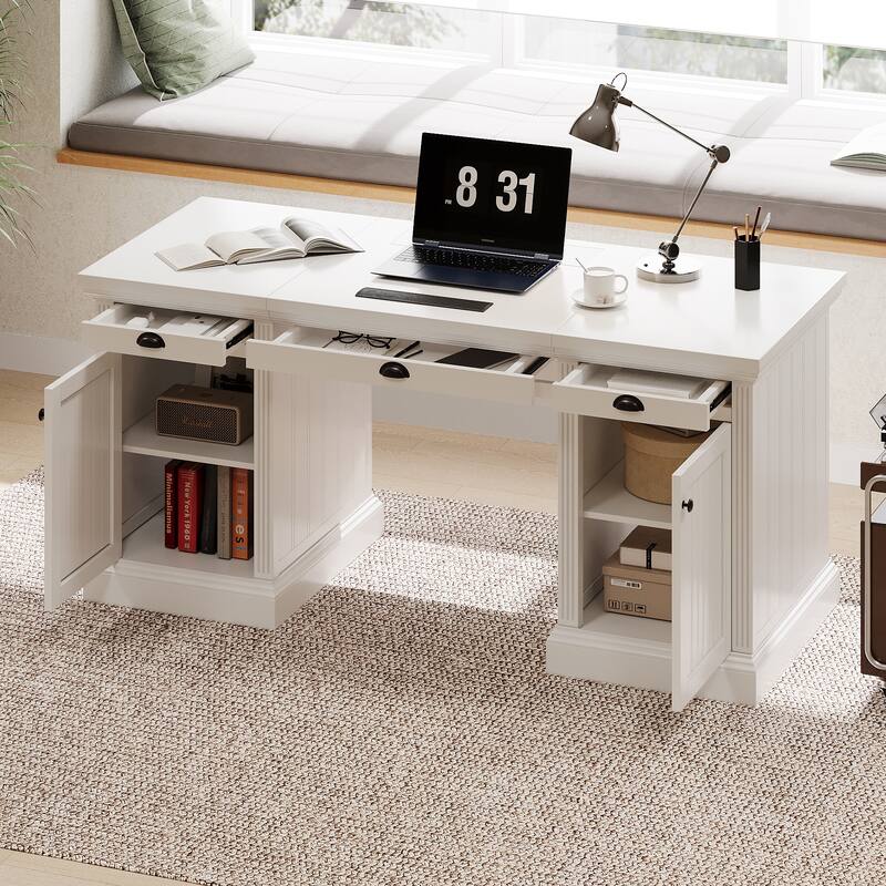 67-Inch Modern Executive Computer Desk with 2 Wooden Doors Storage Cabinet & 3 Drawers