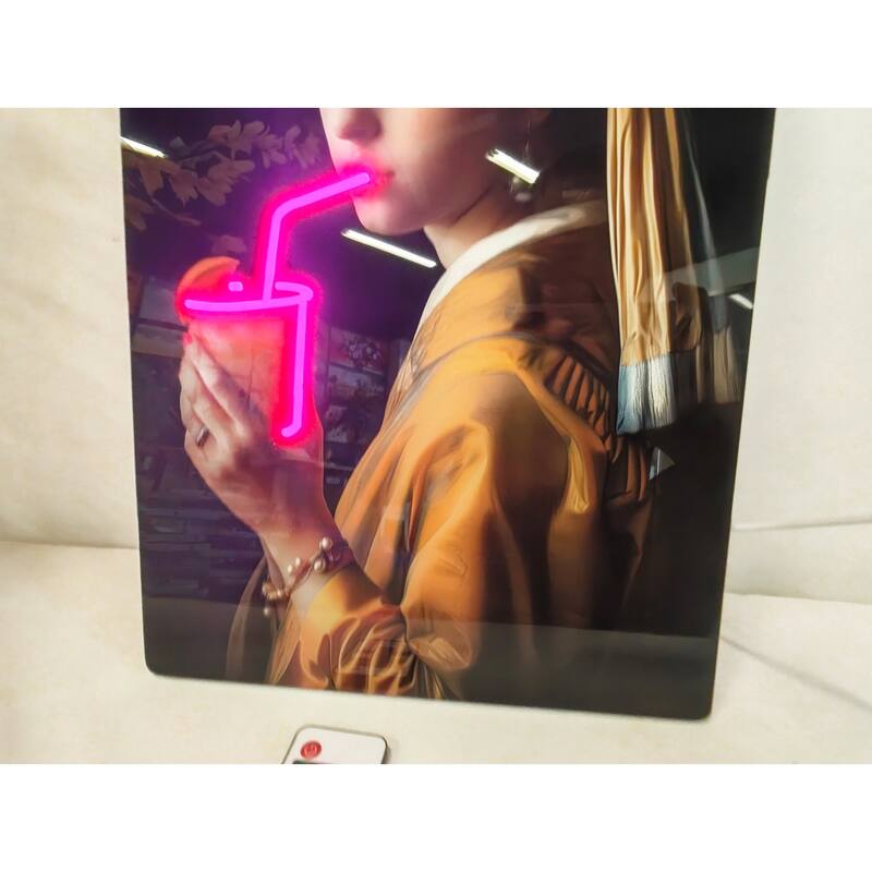 Neon Style LED Wall Art - Girl with a Pearl Earring Acrylic Print with Lighted Drink Effect
