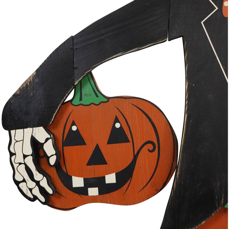Haunted Hill Farm 46-In. Skeleton Holding a Carved Pumpkin Wood Yard Stake for Halloween Decoration