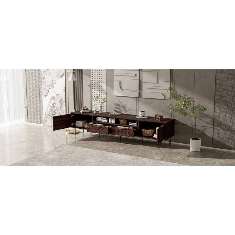 Roomfitters 78 Inch Modern TV Stand for TVs up to 85 Inch, Media Console with Soft-Closing Hinges & Sturdy Iron Legs, Walnut