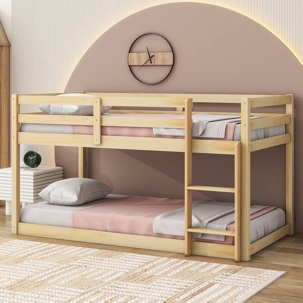 slide 2 of 34, Twin Size Wood Loft Bed with Ladder and Fence for Kids Natural