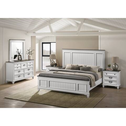 Roundhill Furniture Clelane Wood Bedroom Set with Bed, Dresser, Mirror, and Two Nightstands in Weathered White and Grey