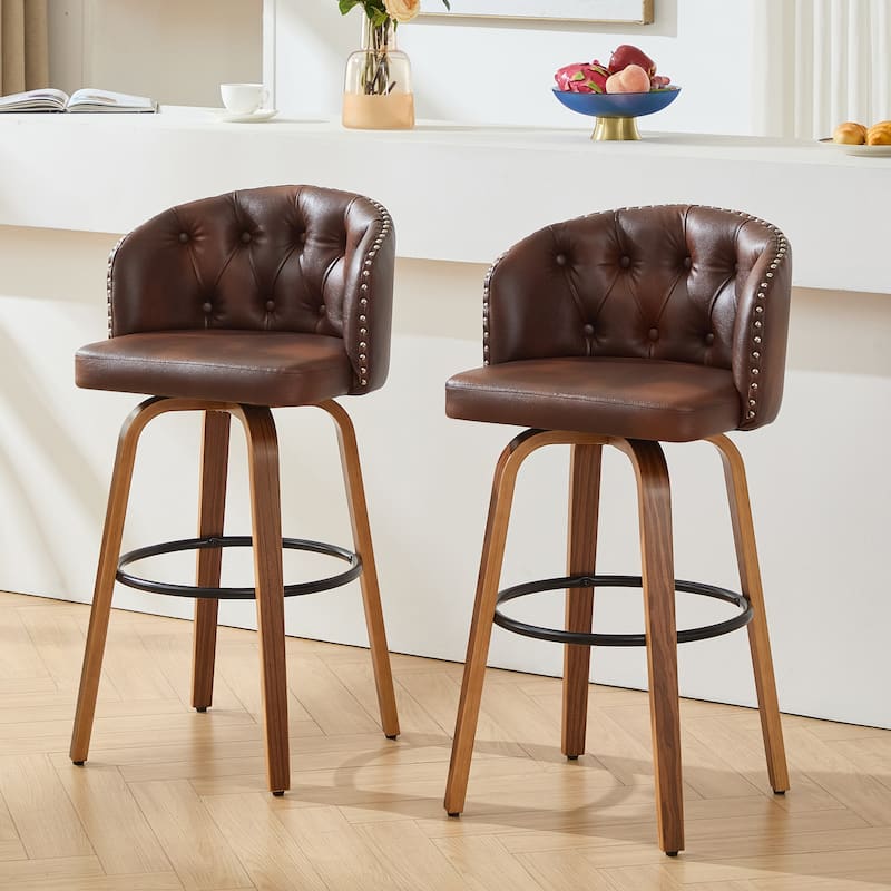Faux Leather Upholstered Wood Frame Swivel Counter Stools / Bar Stools, Set of 2 - Brown - Counter Height