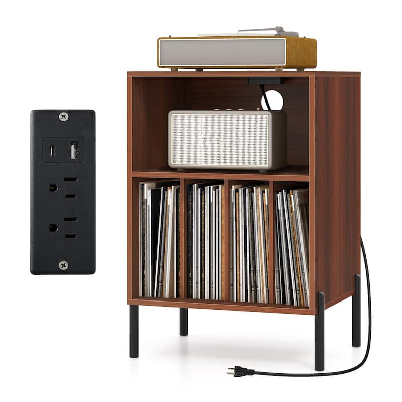 Gymax Record Player Stand w/Charging Station 5 Storage Compartments - Walnut - MDF