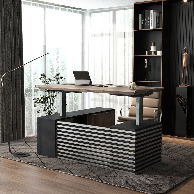 Adjustable L-Shaped Executive Desk with Outlets File Cabinets 3 Drawers Custom Size & Color - 70inches - Right Return-Black/Wood