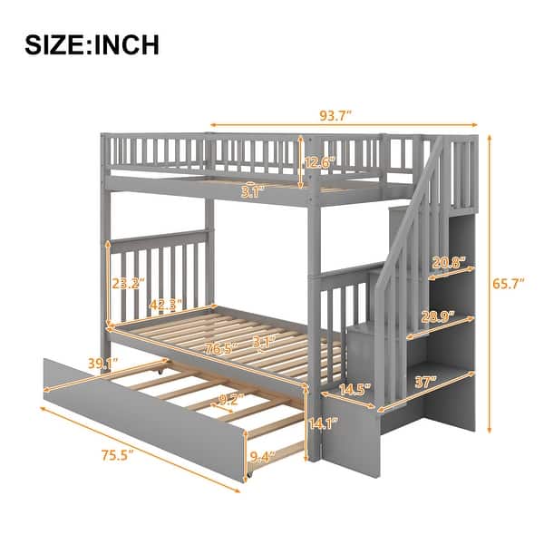dimension image slide 1 of 2, Twin over Twin Bunk Bed with Trundle, 4 Storage Shelves, Convertible into 3 Separate Beds, Grey