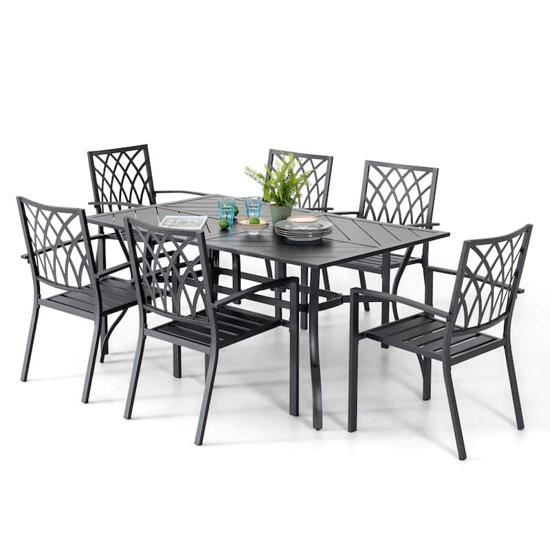 Outdoor 7-Piece Iron Dining Set with 1.77'' Umbrella Hole, Black
