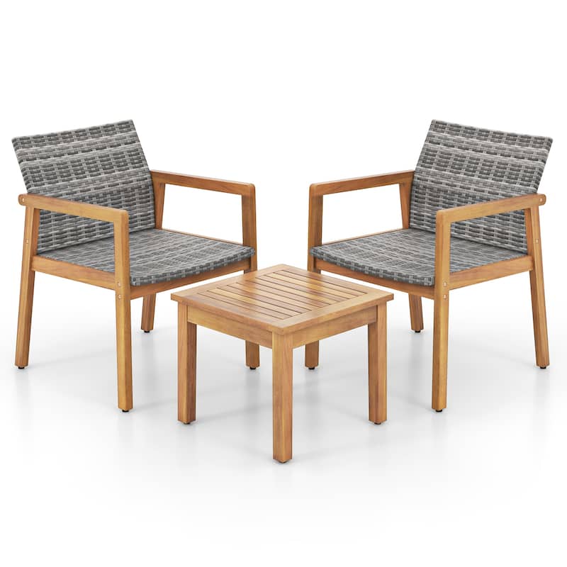 3PCS PE Rattan Patio Bistro Set Outdoor Acacia Wood Conversation Set - Mix Grey