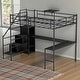 preview thumbnail 1 of 18, Full Size Metal Loft Bed with L-Shaped Desk, RGB LED Lighting, USB Charging Station, Wardrobe Cabinet, Drawers, Ladder Black
