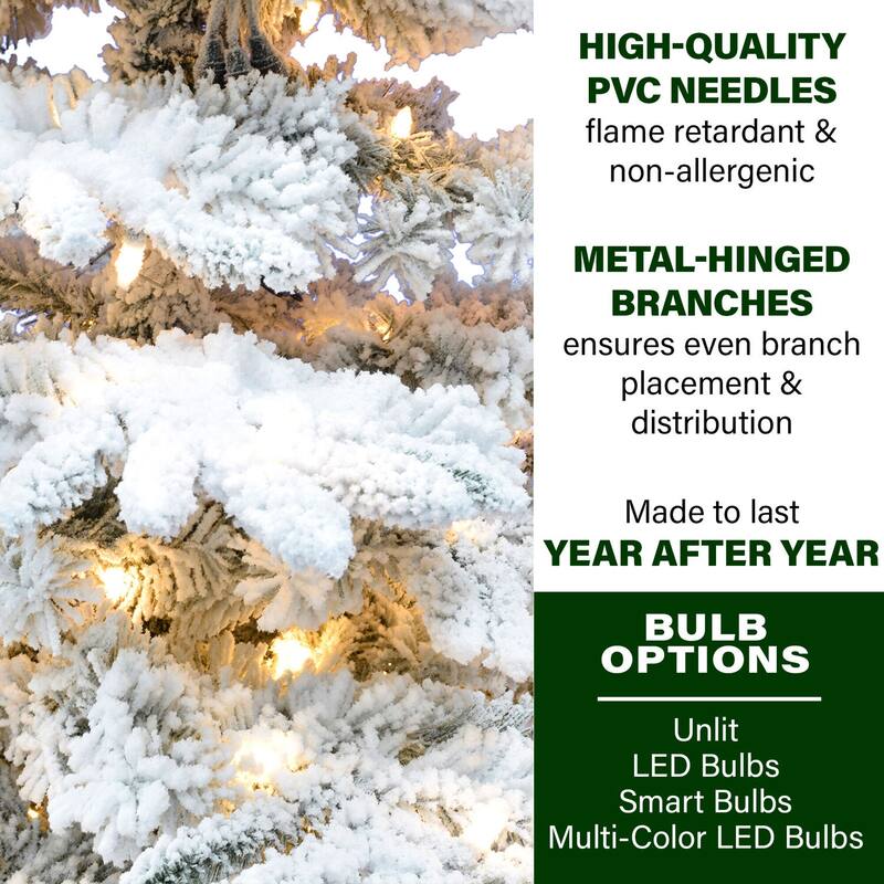 Fraser Hill Farm 6.5-Ft. Flocked Mountain Pine Christmas Tree with Clear LED String Lighting - 6.5 Foot