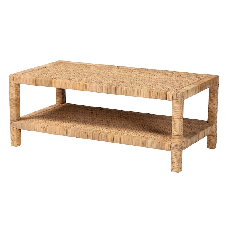 Kalimantan Bohemian Light Honey Rattan and Mahogany Wood Rectangle Coffee Table - Honey