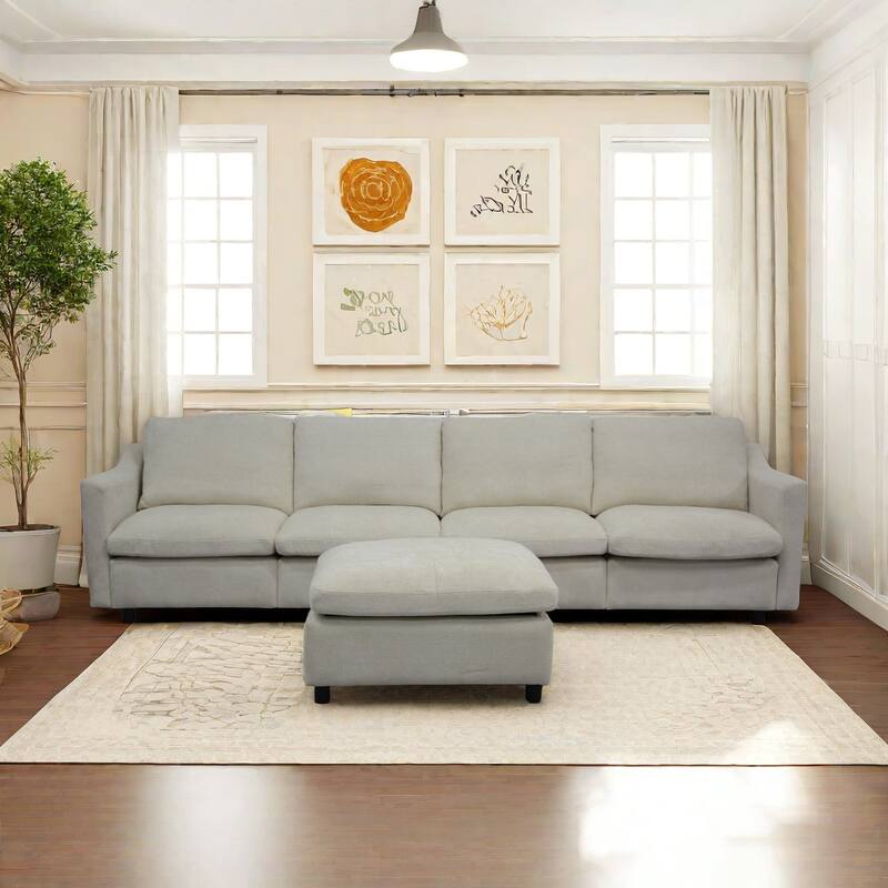4-Seater Modern Beige Fabric Modular Sofa with Ottoman, Armrest Pockets and 4 Pillows