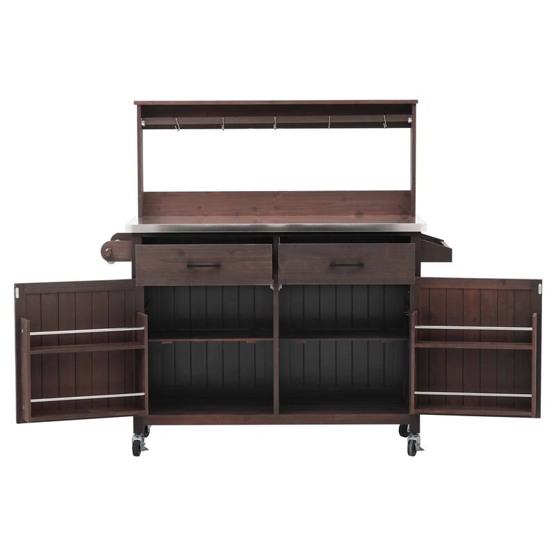 54.1" Outdoor Kitchen Island with High Shelf, Large Outdoor Potting Table with Top and Storage Cabinet, With Lockable Wheels