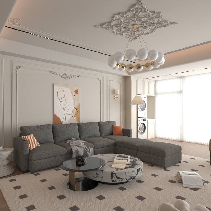 Oversized Sectional Sofa Set, Convertible L Shaped Couch Sofa Bed with Storage, 6 Seater Modular Sofa with Ottomans and Chaise - Grey