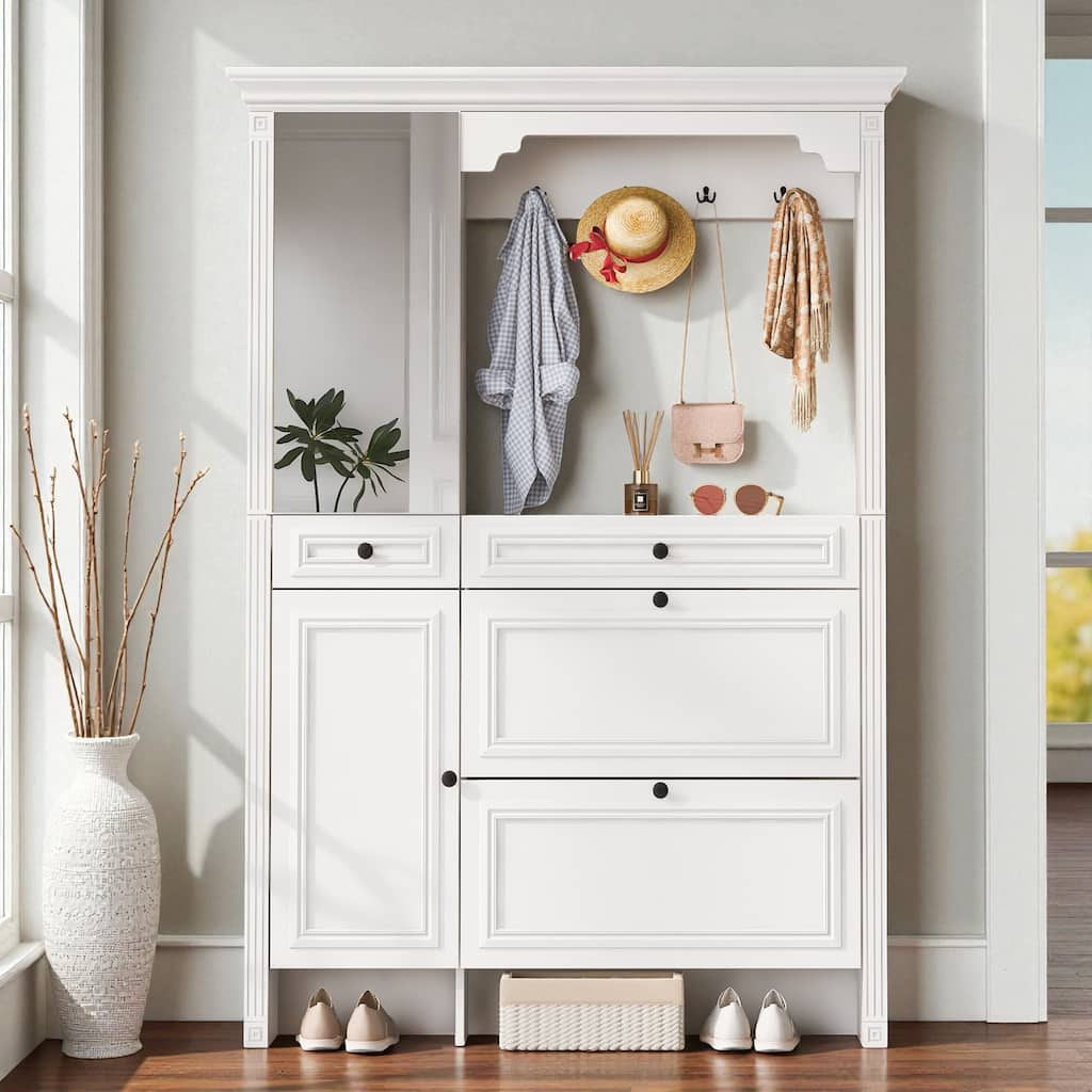 54.7'' Hall Tree with Shoe Cabinet and Mirror, 4-in-1 Entryway Bench with 2 Flip Drawers, 2 Cabinets & 4 Hooks for Hallway