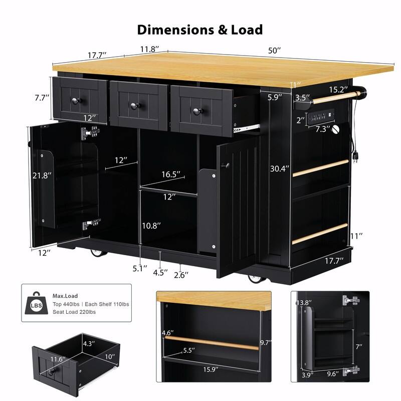 53" Rolling Kitchen Island with Drop Leaf, Power Outlet & Internal Door Storage, 5 Open Side Racks