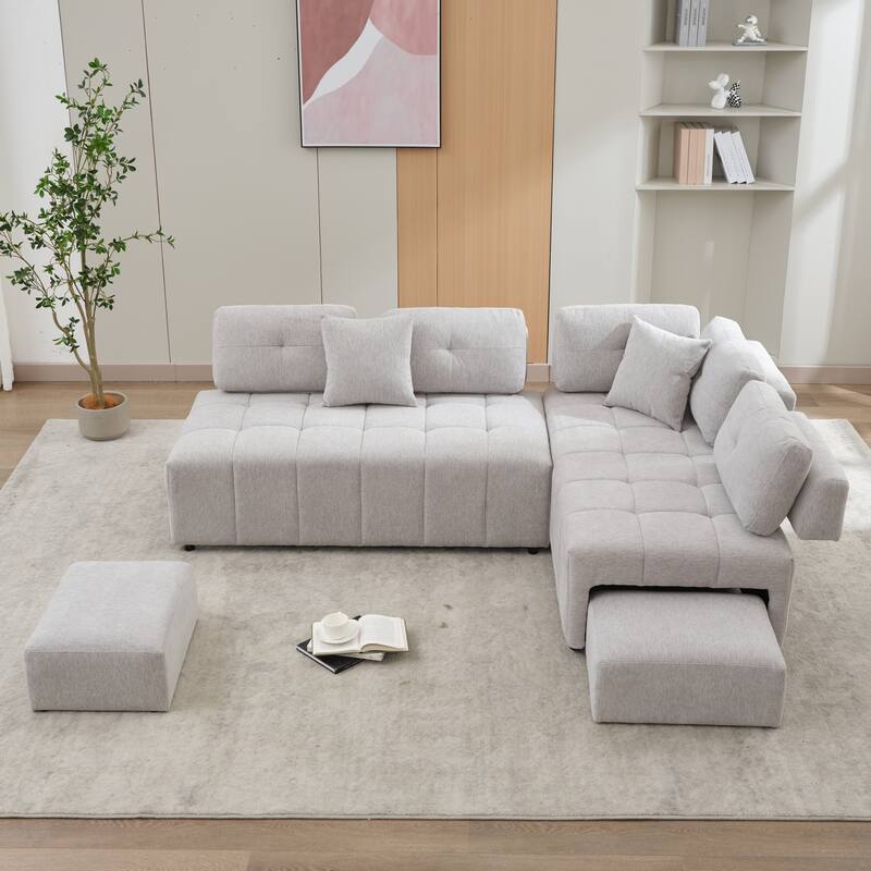Grey 91.73" L-Shaped 4-Seat Sofa with Hidden Stools