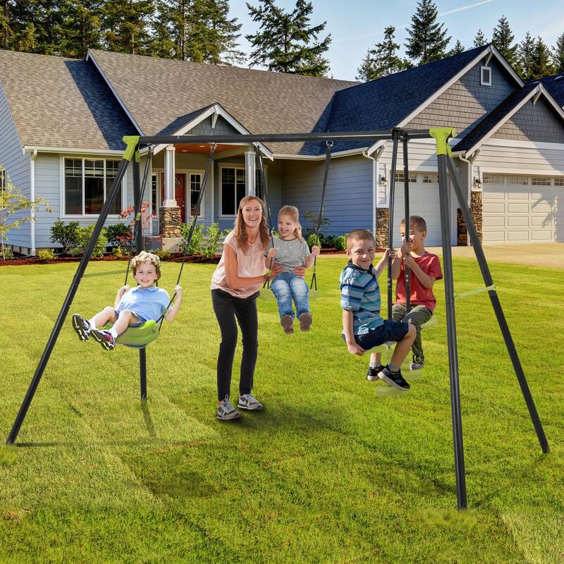 Outdoor Sturdy Metal Swing Set, Kids Play Equipment w/Three Seat Swing - N/A