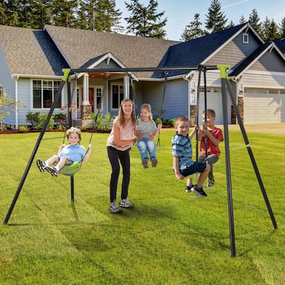Outdoor Sturdy Metal Swing Set, Kids Play Equipment w/Three Seat Swing - N/A