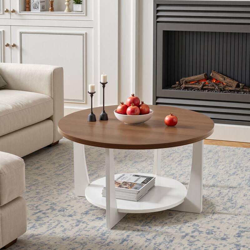 31.5" Round Coffee Table with Solid Wood Legs and 2-Tier Storage - 31.5"Dia x 17.72"H