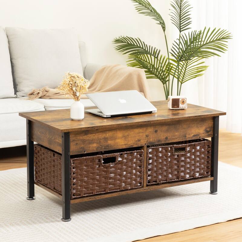 Metal Coffee Table with Lifting Top and Hidden Storage Space, Removable Wicker Baskets