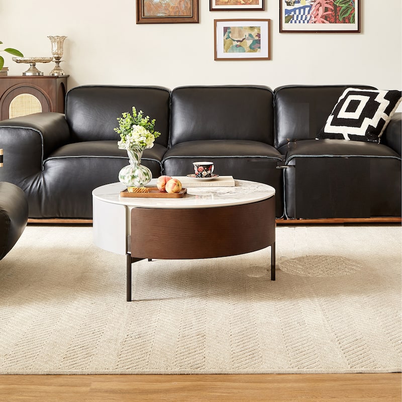 Round Coffee Table with Drawers and Metal Legs, Drum Tea Table