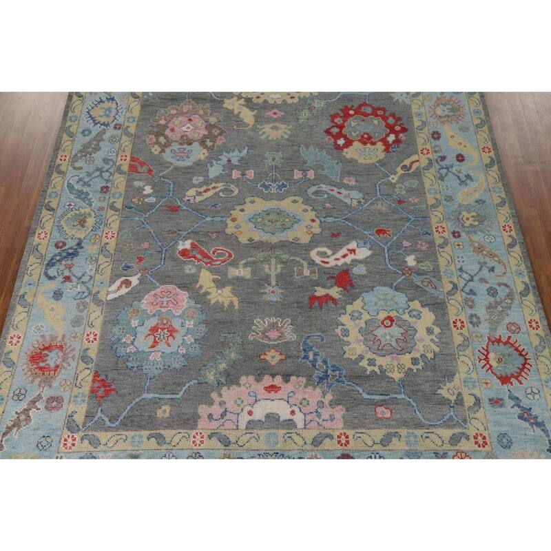 Gray Floral Oushak Oriental Area Rug Hand-Knotted Wool Carpet - 9'0"x 11'9"