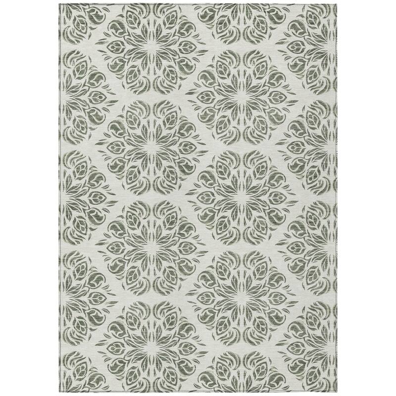 Machine Washable Indoor/ Outdoor Damask Pearl Chantille Rug