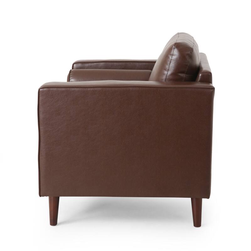 Roomfitters Faux Leather Club Chair with Tufted Seat, Bolster Pillows and Modern Wood Legs for Living Rooms, Dark Brown