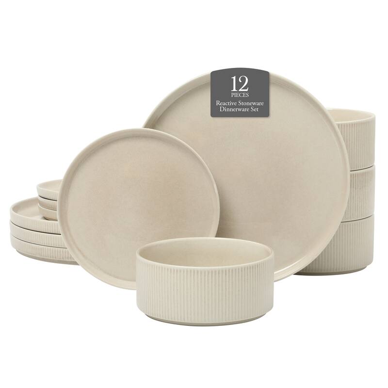 Gibson Elite Solana Coast 12 Piece Stoneware Reactive Glaze (Service for 4) Plates and Bowls Modern Shape Dinnerware Set