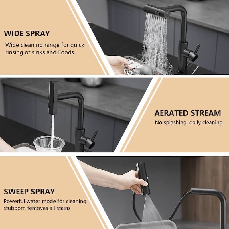 Single Handle Stainless Steel Pull-out Kitchen Faucet with Wide Spray