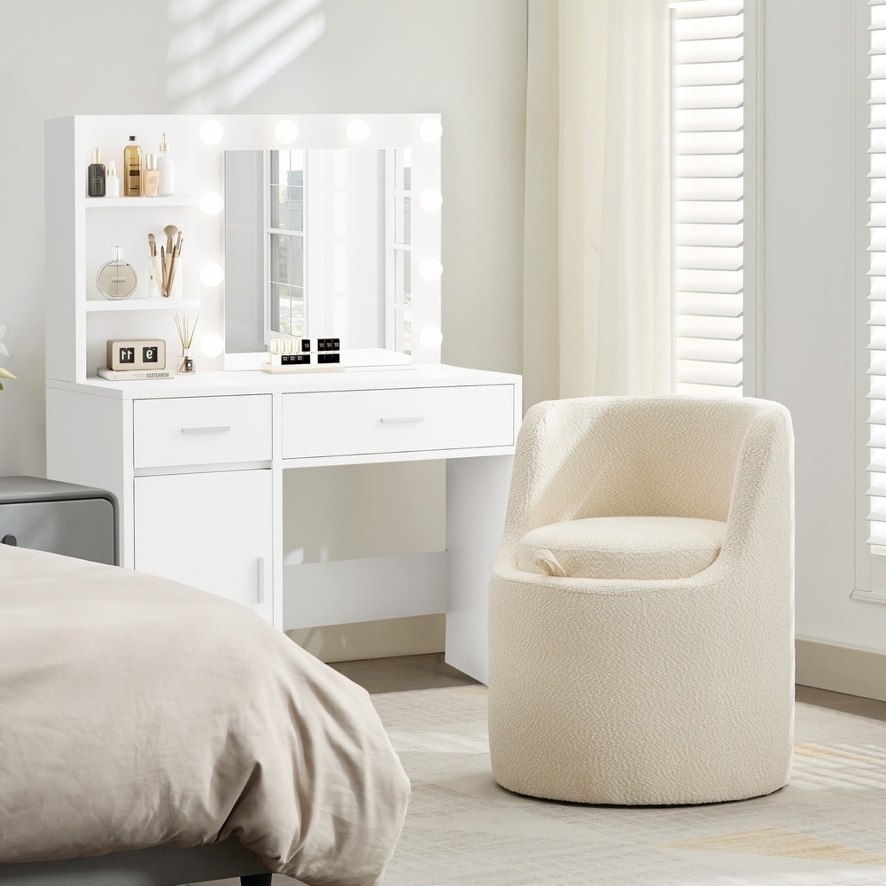 Boucle Accent Vanity Chair with Storage, Barrel Chair