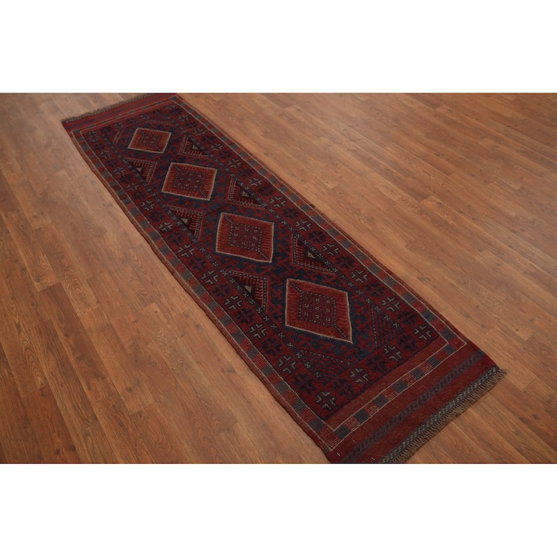 Hand Knotted Oriental 100% Wool Carpet Traditional Tribal Red Balouch Runner Rug - 7' 8'' X 2' 2''