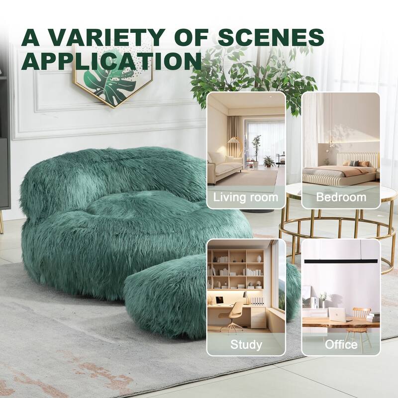 Plush Upholstered Round Comfort Lounger Bean Bag Chair with Ottoman
