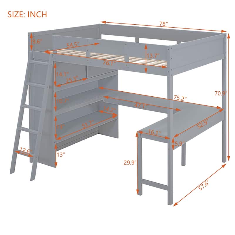 Gray Full Solid Wood Loft Bed with Desk & Shelf