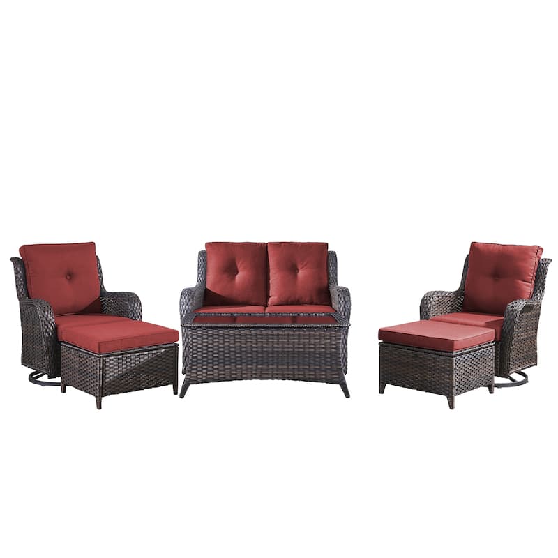 Pocassy Outdoor 6 Pieces 2-Seat Sofa Swivel Chairs Table Ottoman