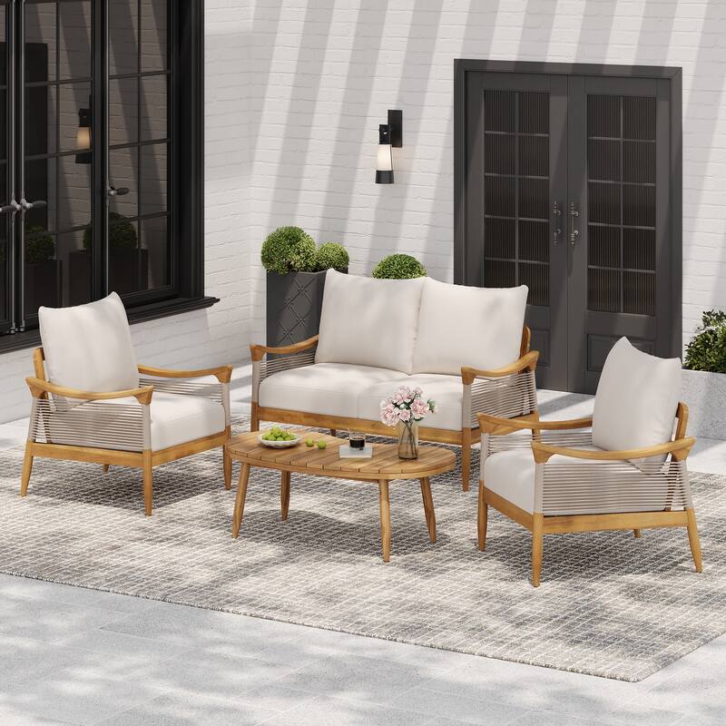 Christopher Knight Home - 4-Piece Patio Conversation Set with Woven Rope Loveseat, Cushions & Acacia Wood Coffee Table - Teak+Beige