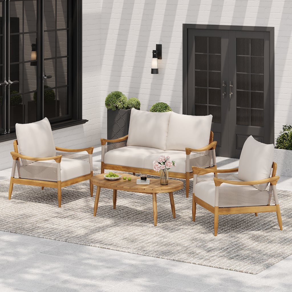 Christopher Knight Home - 4-Piece Patio Conversation Set with Woven Rope Loveseat, Cushions & Acacia Wood Coffee Table