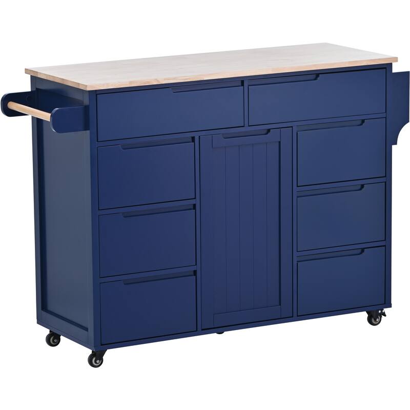 Kitchen Island with Wooden Top, Mobile Island on Locking Wheels, Rolling Cart with Flatware Organizer & 8 Handle-Free Drawers