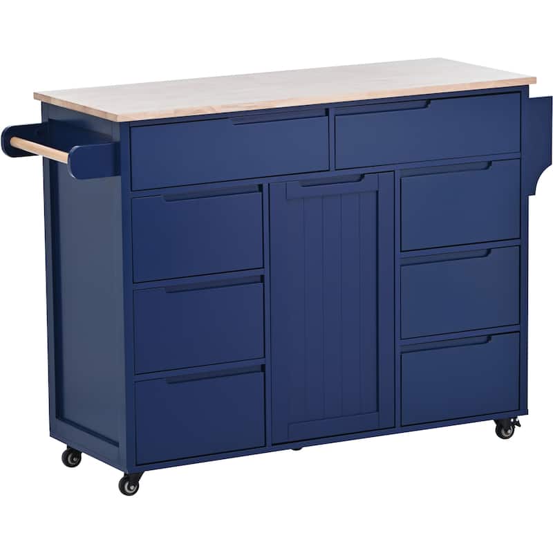 Modern Kitchen Island with Rubberwood Top, 8 Drawers, 1 Cutlery Organizer and 5 Wheels, for Kitchen, Dark Blue