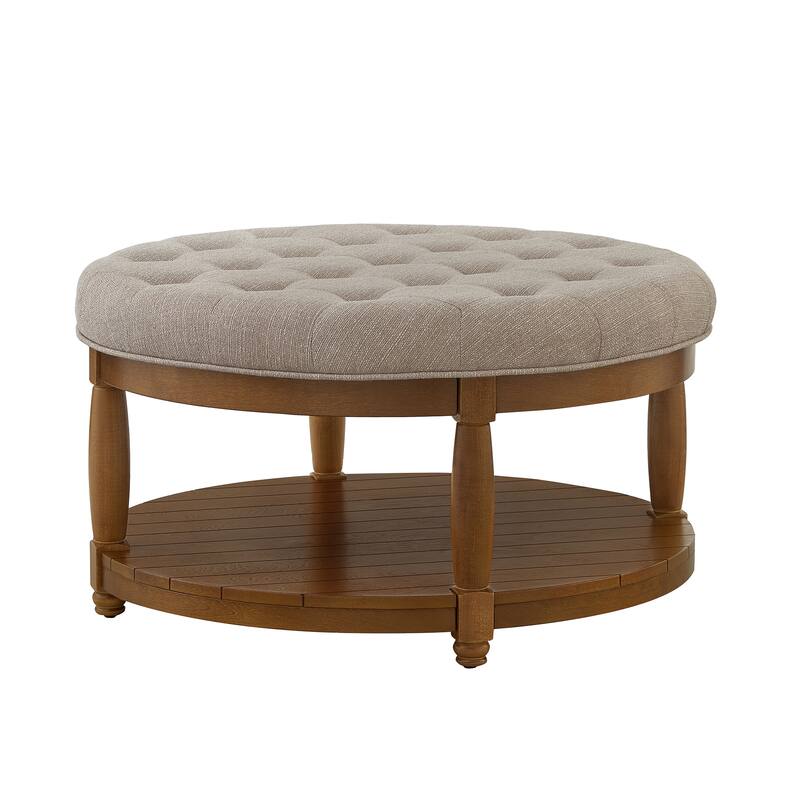Large Round Tufted Linen Ottoman Coffee Table with Wood Shelf Storage - Linen Beige - Linen