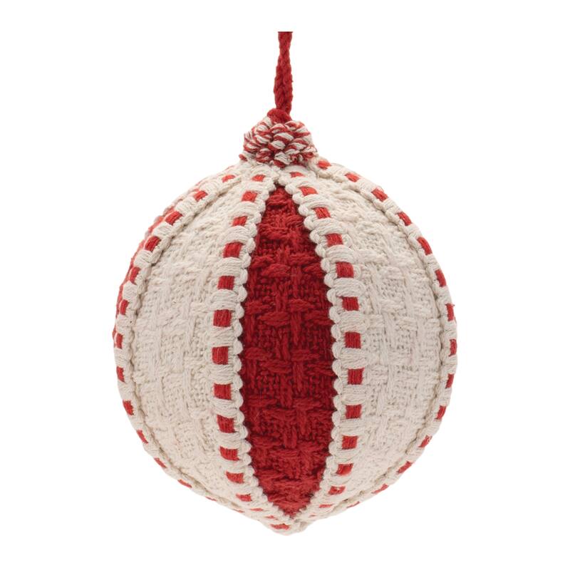 Set of 4 Beige Red Soft Fabric Woven Ball Ornaments with Rope Hangers for Christmas Tree and Seasonal Use