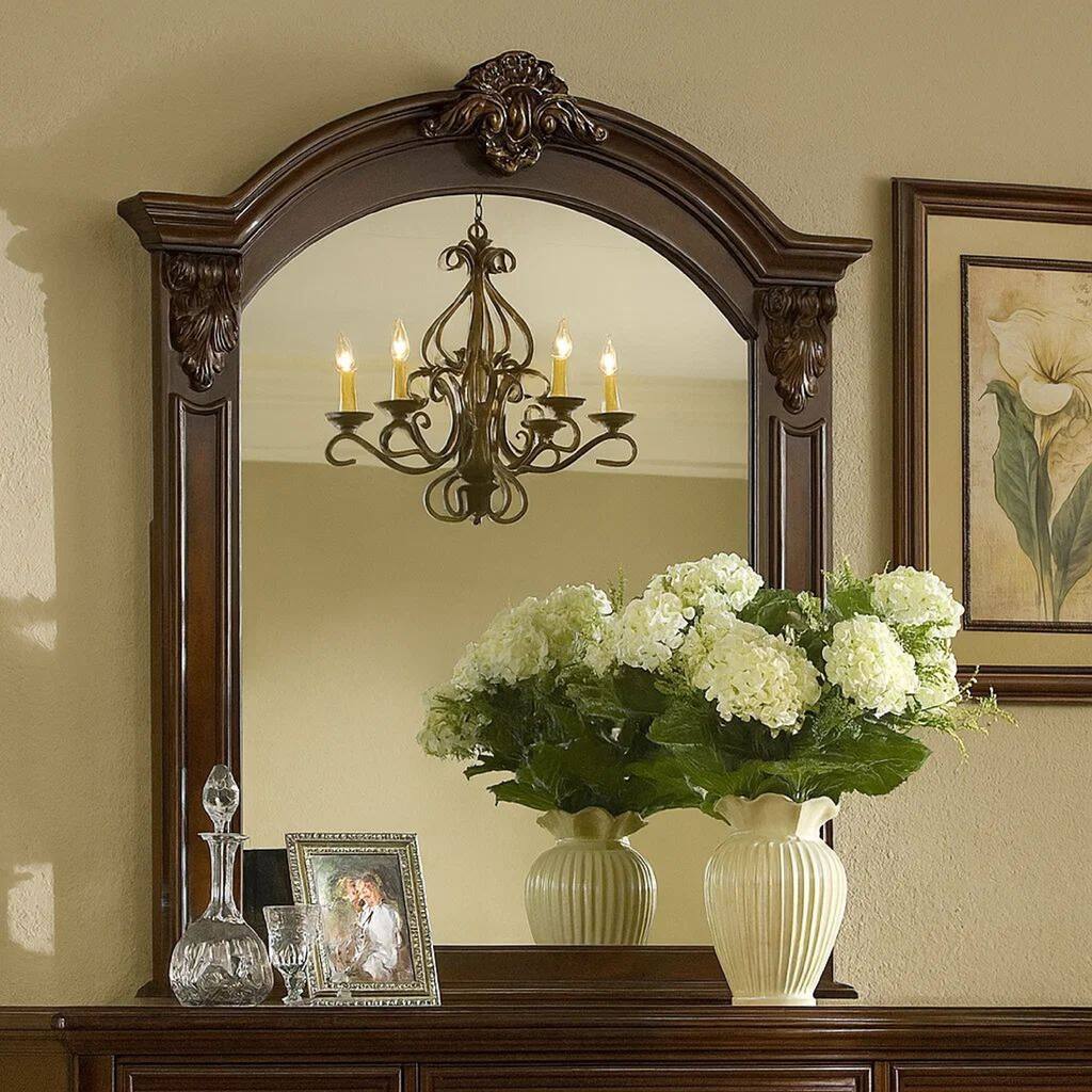 Scalloped Crown Top Wooden Frame Wall Mirror with Molded Details, Brown