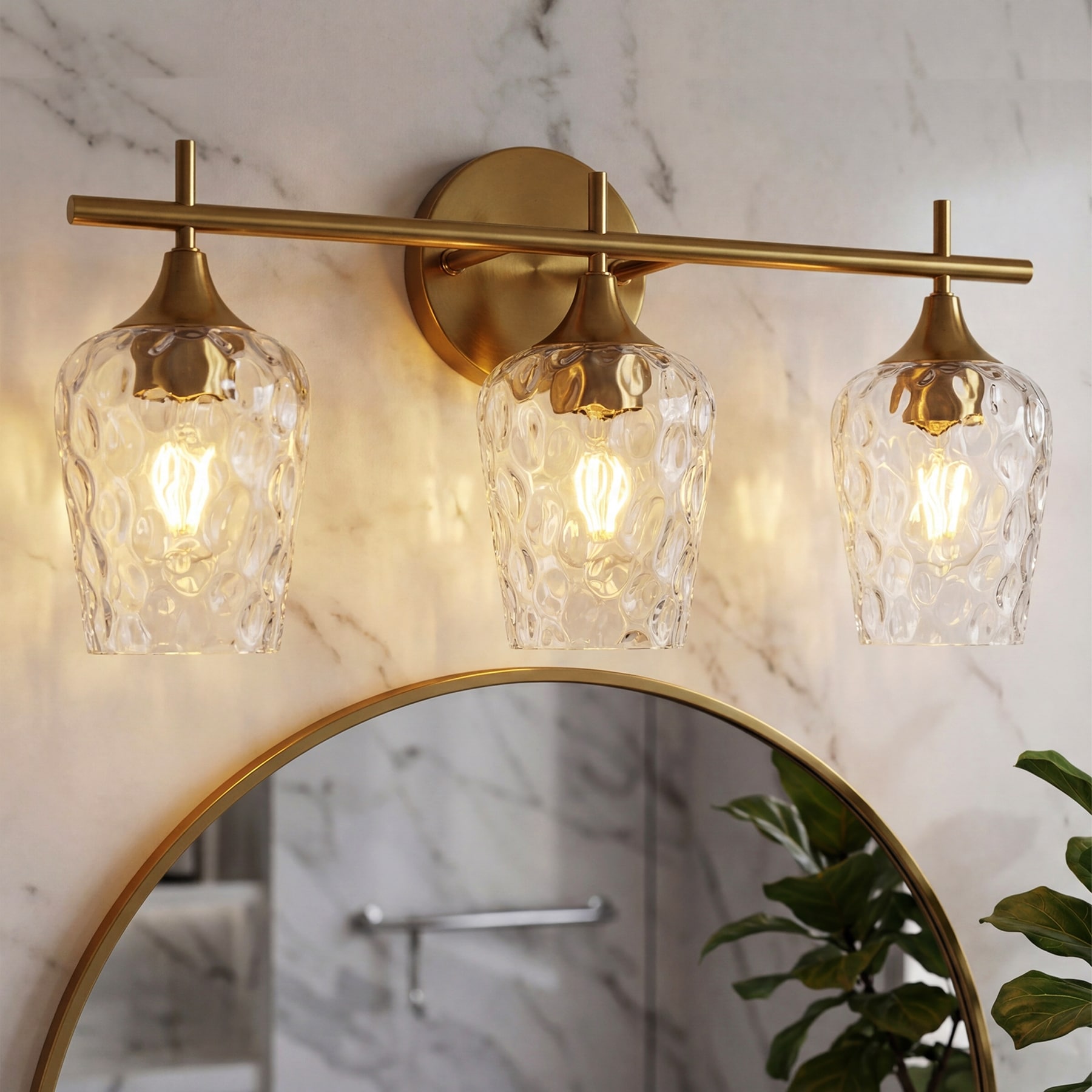 3-Light Bathroom Vanity Light Fixture with Brushed Gold Water Ripple Glass Shades