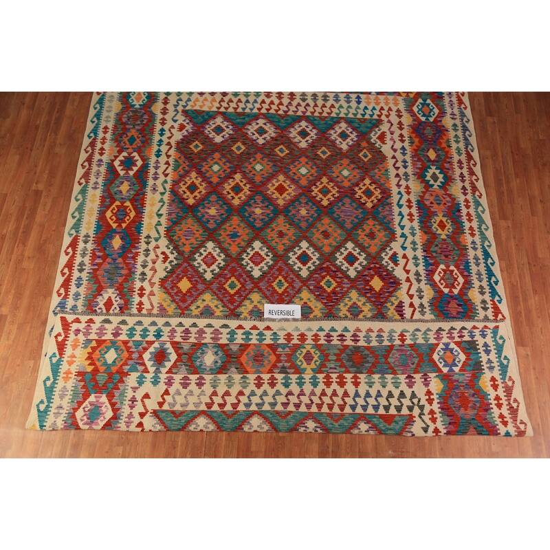 Geometric Trellis Kilim Oriental Area Rug Hand-Woven Wool Carpet - 10'5"x 13'0"