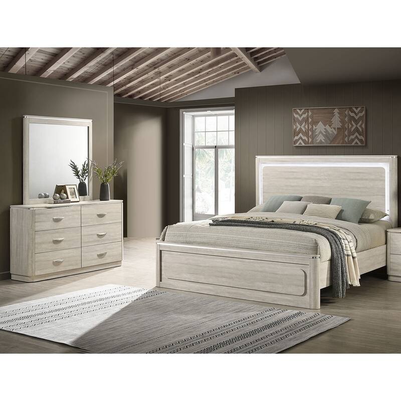 3PC Classic Bedroom Set LED Bed Dresser Mirror Gray Finish