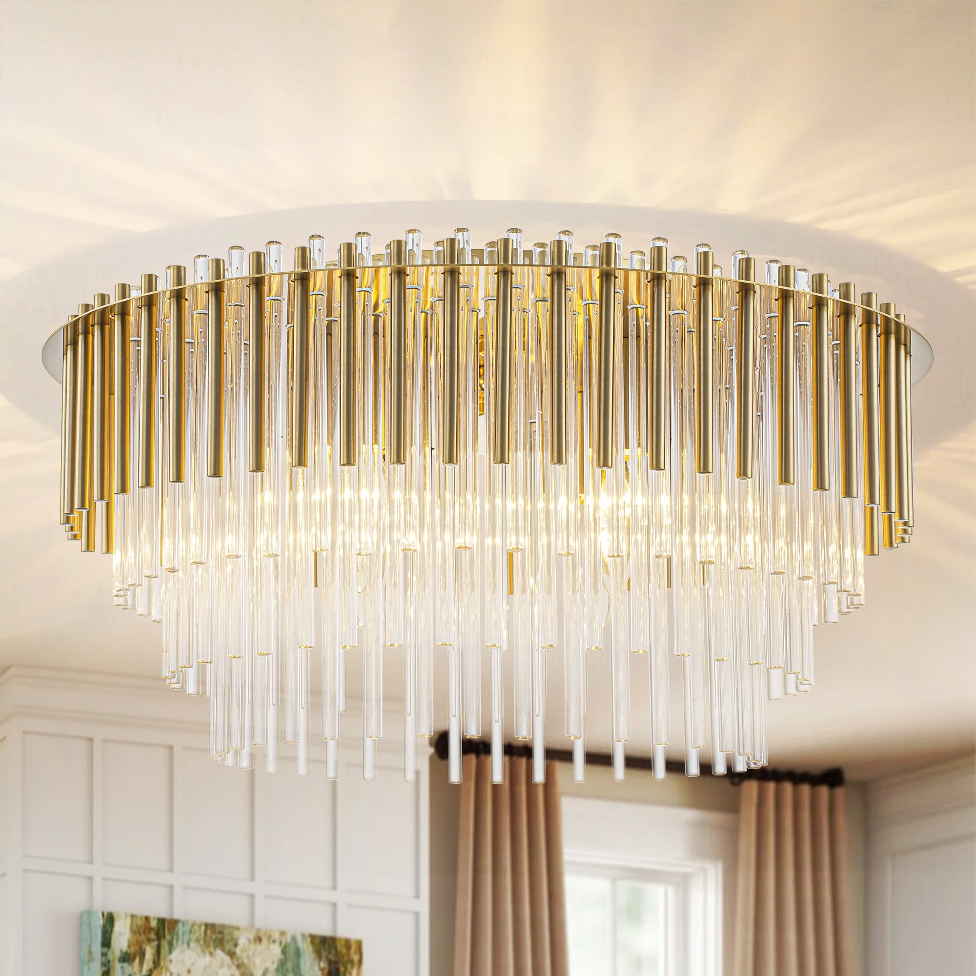 18" Modern Glam Majestic 4-Light Brushed Brass Flush Mount Ceiling Light with 159 Tiered Transparent Glass Rods